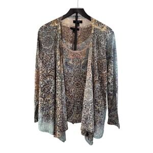 Kaktus Cardigan Tank Set Women XL Blue Brown Paisley Rhinestone 2 Piece Twin Set